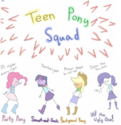 Size: 918x950 | Tagged: safe, artist:heir-of-rick, applejack, pinkie pie, rarity, twilight sparkle, equestria girls, boots, bowtie, clothes, cowboy hat, denim skirt, hat, homestar runner, humanized, parody, shoes, skirt, stetson, teen girl squad, wat