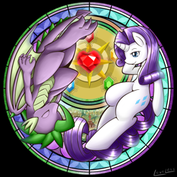 Size: 1500x1500 | Tagged: safe, artist:vavacung, rarity, spike, dragon, pony, unicorn, dive to the heart, female, kingdom hearts, male, shipping, sparity, stained glass, straight