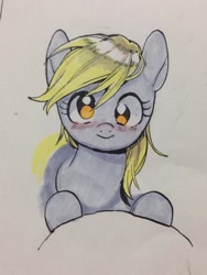 Size: 600x800 | Tagged: safe, artist:hotomura, derpy hooves, pegasus, pony, blushing, cute, female, looking at you, mare, solo, traditional art