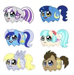 Size: 1600x1634 | Tagged: safe, artist:linamomoko, coco pommel, derpy hooves, doctor whooves, minuette, night light, twilight velvet, pegasus, pony, :3, chubbie, female, mare, potato, simple background, transparent background