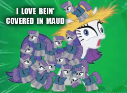 Size: 471x346 | Tagged: safe, artist:crowley, edit, edited screencap, screencap, maud pie, rarity, pony, unicorn, maud pie (episode), simple ways, caption, clothes, covered, derp, dialogue, english, equine pyramid, faic, hat, i love being covered in mud, mud, multeity, pony pyramid, pun, rarihick, rarimaud, scene parody, screaming, shipping, straw hat, visual pun, wat