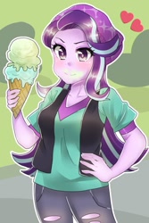 Size: 800x1200 | Tagged: safe, artist:kouno bird, starlight glimmer, human, equestria girls, beanie, clothes, food, hat, heart, ice cream, messy eating, smiling, solo, that human sure does love ice cream