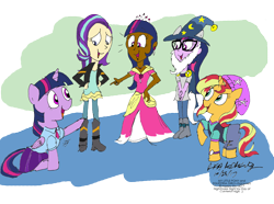 Size: 2580x1916 | Tagged: safe, artist:newportmuse, sci-twi, starlight glimmer, sunset shimmer, twilight sparkle, twilight sparkle (alicorn), alicorn, equestria girls, clothes, coronation dress, cosplay, costume, dark skin, dress, equestria girls outfit, signature, simple background, transparent background