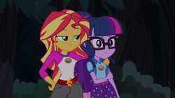 Size: 1100x618 | Tagged: safe, screencap, sci-twi, sunset shimmer, twilight sparkle, equestria girls, legend of everfree, backpack, clothes, shorts, smiling, tree