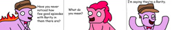 Size: 1024x181 | Tagged: safe, artist:pewdie-pinkiepie, pinkie pie, rarity, oc, oc:clarance, earth pony, pony, unicorn, 1000 hours in ms paint, bowtie, clarence, comic, comic sans, duo, fedora, hat, joke, ms paint, necklace, wat