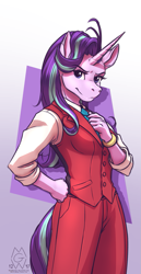 Size: 737x1425 | Tagged: safe, artist:mykegreywolf, starlight glimmer, anthro, unicorn, ace attorney, apollo justice, bracelet, clothes, cosplay, costume, female, hand on hip, jewelry, mare, necktie, solo, suit