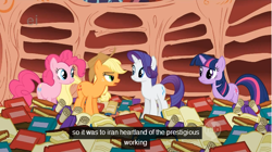 Size: 640x358 | Tagged: safe, screencap, applejack, pinkie pie, rarity, twilight sparkle, earth pony, pony, unicorn, book, golden oaks library, hub logo, hubble, iran, library, the hub, youtube caption