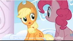 Size: 638x361 | Tagged: safe, screencap, applejack, pinkie pie, earth pony, pony, sonic rainboom (episode), ei, hub logo, youtube caption