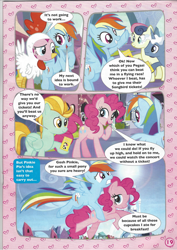 Size: 826x1169 | Tagged: safe, derpibooru import, bon bon, lightning dust, pinkie pie, pokey pierce, rainbow dash, songbird serenade, sweetie drops, earth pony, pegasus, pony, unicorn, my little pony: the movie, animal costume, chicken pie, chicken suit, clothes, comic, costume, female, headworn microphone, holding a pony, hoof hold, magazine scan, mare, stock vector