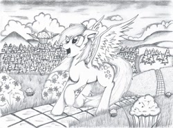 Size: 1024x757 | Tagged: safe, artist:corvostawr, derpy hooves, pegasus, pony, female, giant muffin, mare, monochrome, muffin, road, traditional art, tree