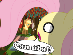 Size: 4000x3000 | Tagged: safe, artist:bugplayer, applejack, fluttershy, earth pony, pegasus, pony, cannibalism, caught, duo, duo female, eating, female, mare, nom, pointing, shocked, tree, wat, wide eyes