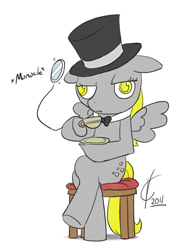 Size: 614x836 | Tagged: artist needed, safe, derpy hooves, pegasus, pony, bowtie, female, hat, mare, monocle, solo, tea, top hat