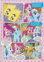 Size: 826x1169 | Tagged: safe, derpibooru import, pinkie pie, rainbow dash, snails, snips, songbird serenade, earth pony, pegasus, pony, my little pony: the movie, colt, comic, crossed arms, female, freckles, headworn microphone, magazine scan, male, mare, rearing, stock vector