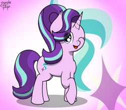 Size: 1752x1536 | Tagged: safe, artist:kimjoman, starlight glimmer, unicorn, cute, cutie mark background, female, glimmerbetes, gradient background, happy, looking at you, mare, one eye closed, one hoof raised, side view, solo, wink