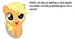 Size: 477x250 | Tagged: safe, applejack, earth pony, pony, apple crumble (food), bronybait, cute, filly, jackabetes, solo, text