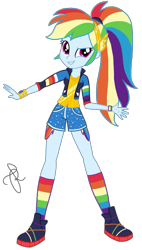 Size: 1164x2048 | Tagged: safe, artist:ilaria122, derpibooru import, rainbow dash, better together, equestria girls, alternate hairstyle, bracelet, clothes, geode of super speed, hairband, leak, ponytail, rainbow socks, shirt, shoes, shorts, simple background, sneakers, socks, solo, striped socks, t-shirt, transparent background