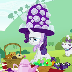 Size: 1000x1000 | Tagged: safe, screencap, opalescence, rarity, pony, unicorn, maud pie (episode), giant hat, hat, hub logo, hubble, picnic, solo, the hub