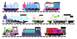 Size: 942x480 | Tagged: safe, artist:curtis-parish, derpibooru import, applejack, fluttershy, pinkie pie, rainbow dash, rarity, spike, starlight glimmer, sunset shimmer, twilight sparkle, crossover, no pony, thomas the tank engine