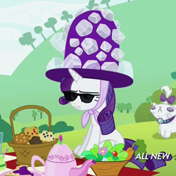 Size: 1000x1000 | Tagged: safe, edit, edited screencap, screencap, opalescence, rarity, pony, unicorn, maud pie (episode), giant hat, hat, picnic, sunglasses