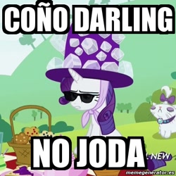 Size: 400x400 | Tagged: safe, edit, edited screencap, screencap, opalescence, rarity, pony, unicorn, maud pie (episode), dross, dross rotzank, giant hat, hat, image macro, meme, picnic, spanish, sunglasses, vulgar