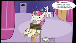 Size: 962x549 | Tagged: safe, artist:naterrang, apple bloom, rarity, pony, unicorn, bondage, bound, cropped, duct tape, fake horn, gag, glasses, missing accessory, paint, paint in hair, paint on fur, rope, tape gag, toilet paper roll