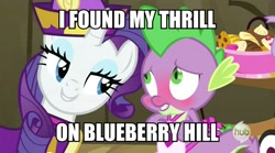 Size: 631x351 | Tagged: safe, edit, edited screencap, screencap, rarity, spike, dragon, pony, unicorn, dragon quest, apron, blushing, caption, clothes, fats domino, female, hub logo, image macro, male, mare, meme, rarity's bad pickup lines, shipping, sparity, straight