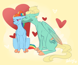 Size: 1102x928 | Tagged: safe, artist:qatsby, derpibooru import, rainbow dash, zephyr breeze, pegasus, pony, alternate hairstyle, colored hooves, cute, female, heart, kiss on the cheek, kissing, male, ponytail, shipping, straight, zephdash