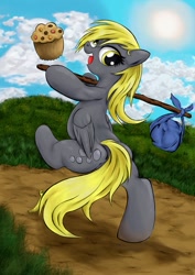 Size: 691x976 | Tagged: safe, artist:nipa, derpy hooves, pony, semi-anthro, bipedal, hoof hold, muffin, open mouth, pixiv, smiling, solo, tarot, the fool, walking