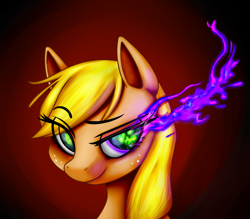 Size: 2714x2382 | Tagged: safe, artist:rex42, applejack, changeling, earth pony, pony, changelingified, dark magic, smiling, solo, sombra eyes