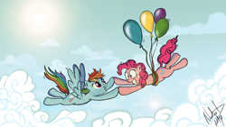 Size: 1920x1080 | Tagged: safe, artist:nadyad, derpibooru import, pinkie pie, rainbow dash, earth pony, pegasus, pony, balloon, then watch her balloons lift her up to the sky