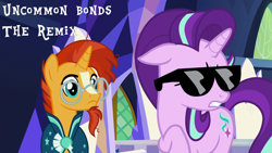 Size: 1280x720 | Tagged: safe, artist:tgvduplex, edit, edited screencap, screencap, starlight glimmer, sunburst, pony, unicorn, uncommon bond, cute, duo, female, floppy ears, glasses, glimmerbetes, male, mare, music video, remix, stallion, sunglasses