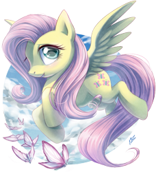 Size: 657x719 | Tagged: safe, artist:draggincat, fluttershy, butterfly, pegasus, pony, cloud, cute, female, mare, shyabetes, sky, solo, spread wings, wings