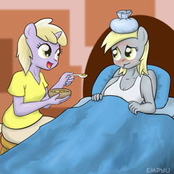 Size: 1000x1000 | Tagged: safe, artist:empyu, derpy hooves, dinky hooves, anthro, bed, caring for the sick, equestria's best daughter, ice pack, sick, soup, underp