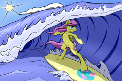 Size: 1024x683 | Tagged: safe, artist:northernsprint, fluttershy, pegasus, pony, bipedal, solo, surfing