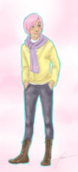 Size: 600x1328 | Tagged: safe, artist:melodicmadness, butterscotch, fluttershy, human, clothes, humanized, light skin, rule 63, solo, sweater, sweatershy