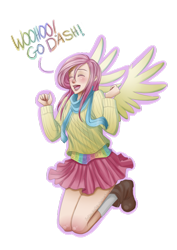 Size: 600x849 | Tagged: safe, artist:madamenyx, fluttershy, human, clothes, eyes closed, humanized, light skin, open mouth, simple background, solo, sweater, sweatershy, transparent background, winged humanization