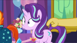 Size: 1136x640 | Tagged: safe, screencap, discord, starlight glimmer, sunburst, pony, unicorn, celestial advice, balloon, equestrian pink heart of courage, flower, paws, tapping