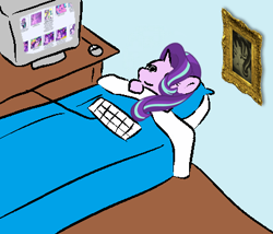 Size: 426x364 | Tagged: safe, starlight glimmer, pony, unicorn, /mlp/, bed, boop, bust, computer, exploitable meme, female, glimmerposting, good night, keyboard, lying down, mare, meme, on back, portrait, self-boop, sleep tight, solo, this explains everything