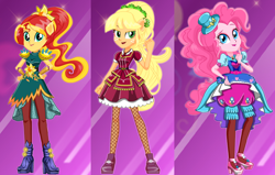 Size: 838x533 | Tagged: safe, artist:unicornsmile, applejack, pinkie pie, sunset shimmer, equestria girls, clothes, fist, freckles, lipstick, musketeer, open mouth, ponied up, starsue, super ponied up