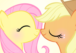 Size: 1280x891 | Tagged: safe, artist:euphoriapony, applejack, fluttershy, earth pony, pegasus, pony, appleshy, blushing, female, lesbian, nuzzling, shipping