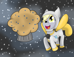 Size: 6550x5055 | Tagged: safe, artist:luckynight48, derpy hooves, pegasus, pony, :d, absurd resolution, astronaut, female, mare, muffin, solo, space, spacesuit