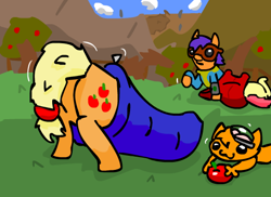 Size: 550x400 | Tagged: safe, artist:caitsith511, apple bloom, applejack, oc, oc:bit goggles, earth pony, pony, apple, applebucking thighs, sleeping bag, sweet apple acres