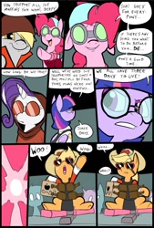 Size: 781x1156 | Tagged: safe, artist:metal-kitty, applejack, derpy hooves, pinkie pie, rarity, twilight sparkle, twilight sparkle (alicorn), alicorn, earth pony, pony, unicorn, comic:expiration date, beer, comic, demo jack, demoman, derpy soldier, dialogue, engie pie, engineer, expiration date, female, glasses, mare, medic, rarispy, silly, silly pony, spy, team fortress 2, teleporter, twi medic