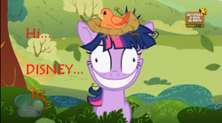 Size: 847x471 | Tagged: safe, derpibooru import, edit, edited screencap, screencap, twilight sparkle, bird, lesson zero, bird nest, crazy face, disney, disney channel, faic, lilo and stitch, solo, spain, twilight snapple