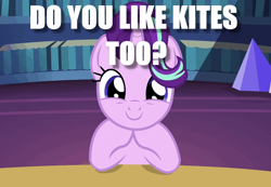 Size: 880x608 | Tagged: safe, starlight glimmer, pony, unicorn, bronybait, cute, female, glimmerbetes, image macro, looking at you, mare, meme, question, talking to viewer, that pony sure does love kites