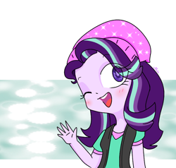 Size: 676x644 | Tagged: safe, artist:chautung, starlight glimmer, human, equestria girls, beanie, blushing, clothes, female, hat, looking at you, one eye closed, open mouth, solo, waving, wink