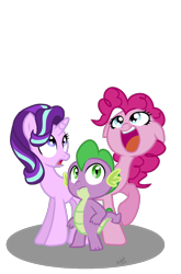 Size: 800x1214 | Tagged: safe, artist:emositecc, pinkie pie, spike, starlight glimmer, dragon, earth pony, pony, unicorn, female, mare, simple background, smiling, transparent background, trio