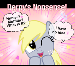 Size: 1600x1400 | Tagged: safe, artist:s.guri, derpy hooves, pegasus, pony, americano exodus, cute, denial, female, happy, heart, looking at you, mare, muffin, open mouth, parody, smiling, solo, stars, that pony sure does love muffins, vector, wink