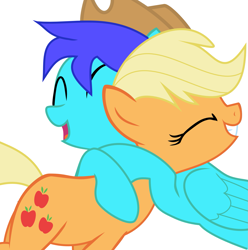 Size: 1845x1860 | Tagged: artist needed, source needed, useless source url, safe, applejack, oc, oc:zonic14game, earth pony, pegasus, pony, applejack's hat, cowboy hat, happy, hat, hug, pegasus oc, simple background, vector, white background, wings