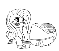 Size: 643x556 | Tagged: safe, artist:sorcerushorserus, big macintosh, fluttershy, earth pony, pegasus, pony, computer, flutter thought, fluttermac, glasses, imac, imac g3, male, monochrome, pun, shipping, solo, stallion, straight